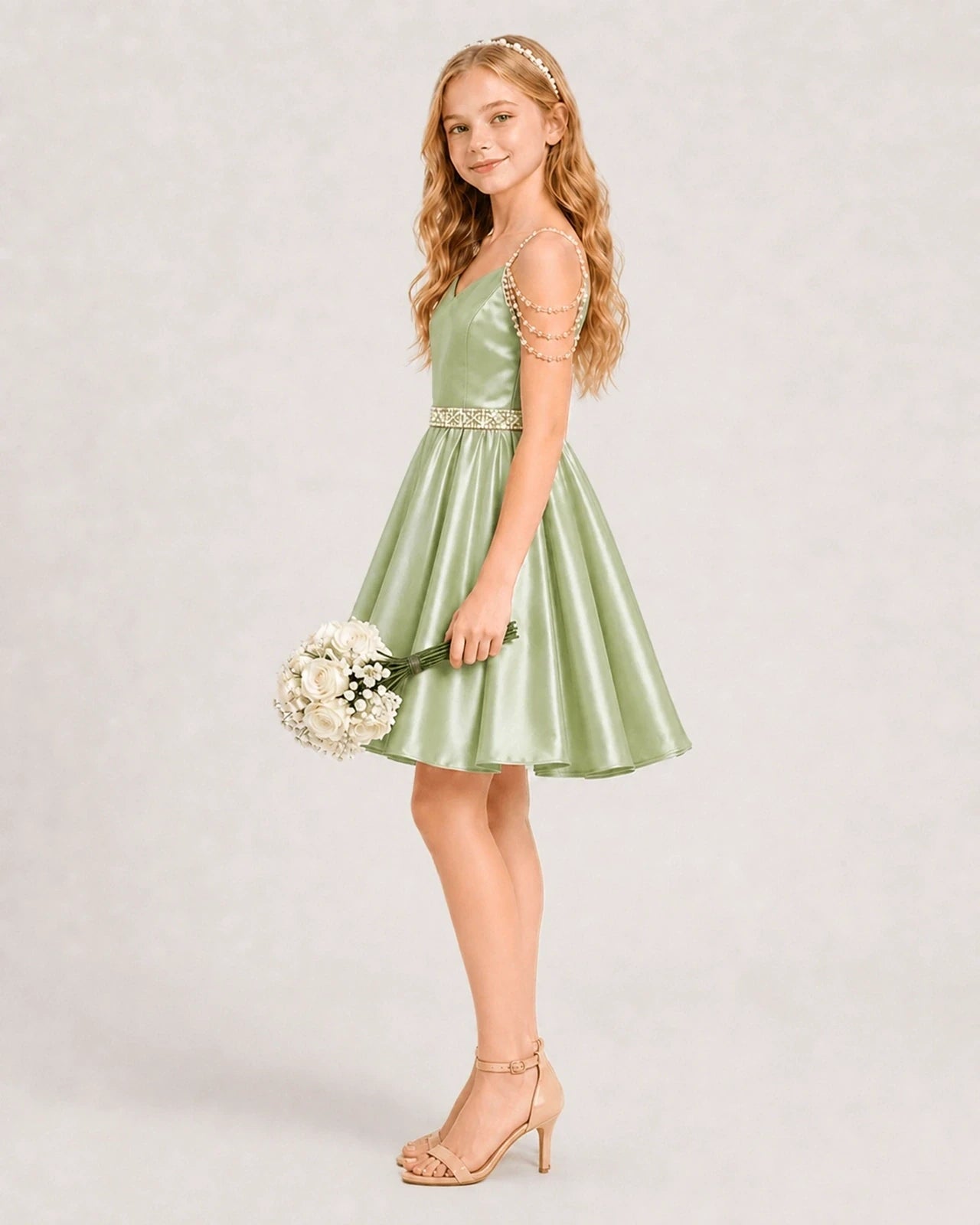 Dideyttawl Girls Formal Dress with Rhinestone Shoulder Drape and Beaded Waistband