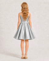 Silver Satin A-line Girls Formal Dress Back View