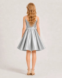 Dideyttawl Girls Formal Dress with Rhinestone Shoulder Drape and Beaded Waistband