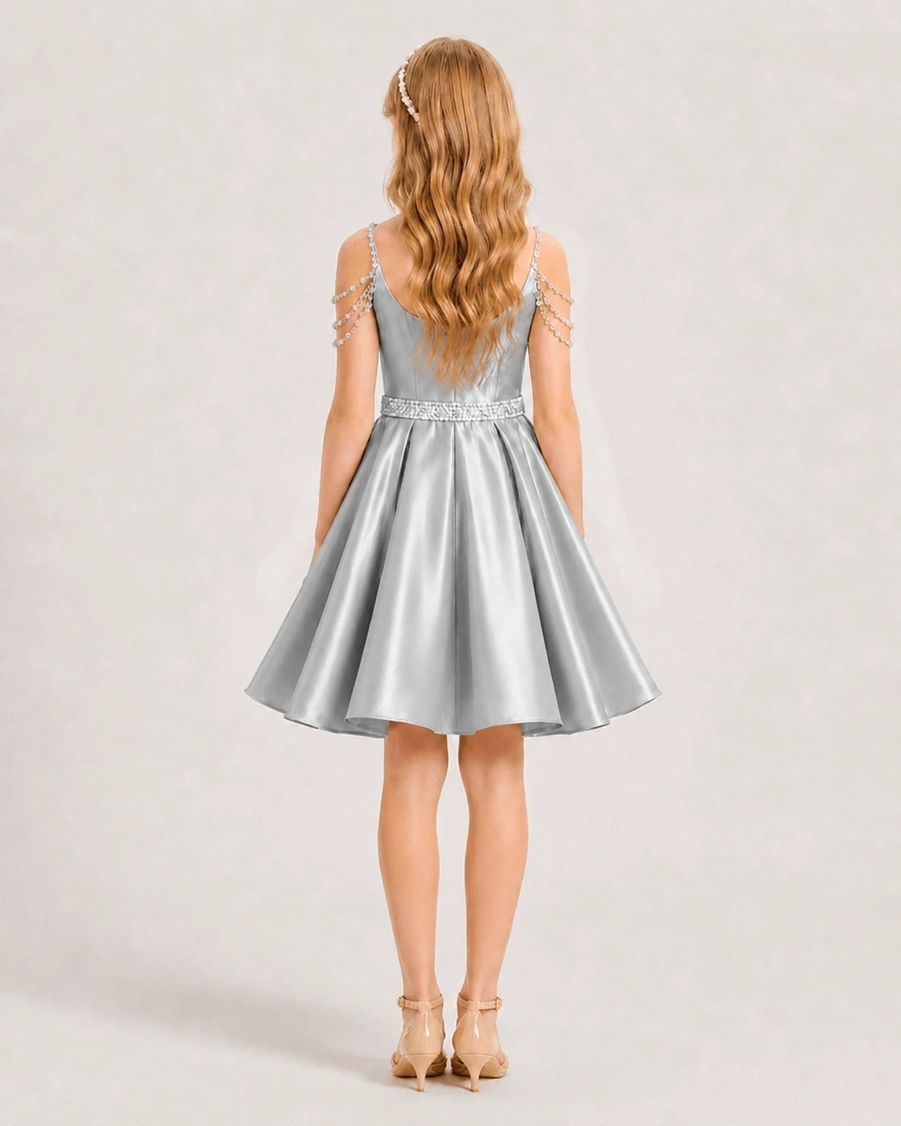 Dideyttawl Girls Formal Dress with Rhinestone Shoulder Drape and Beaded Waistband