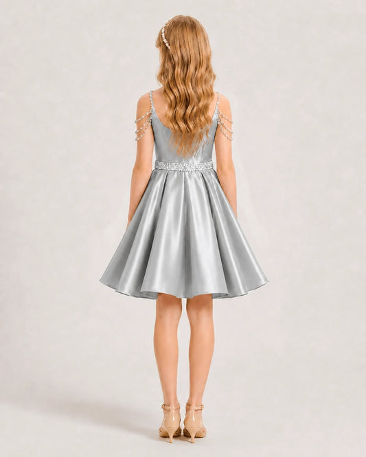 Silver Satin A-line Girls Formal Dress Back View