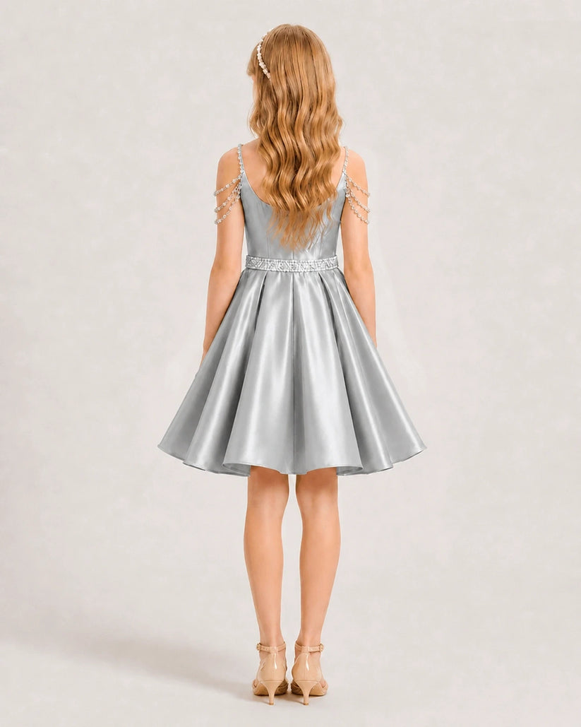 Silver Satin A-line Girls Formal Dress Back View