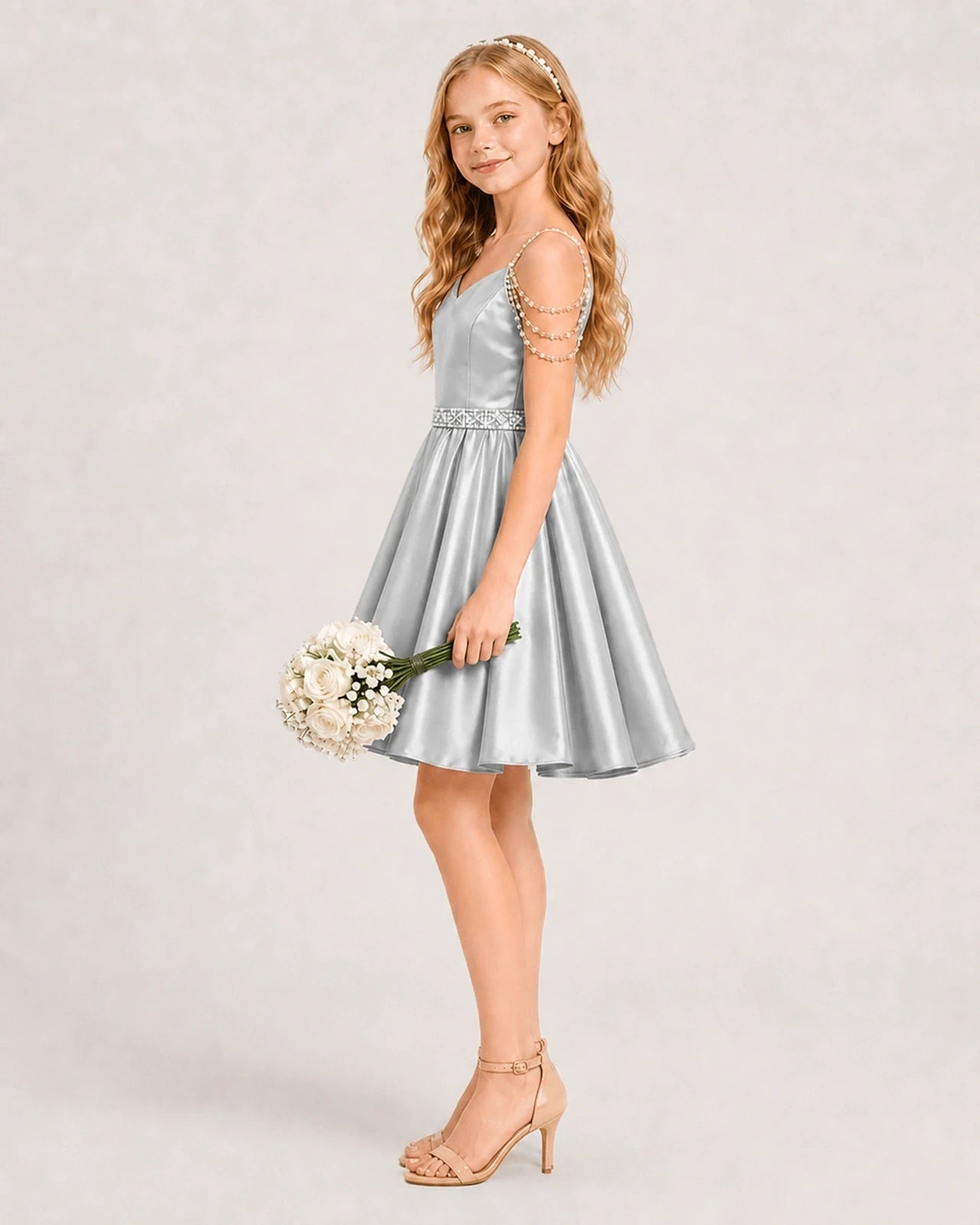 Dideyttawl Girls Formal Dress with Rhinestone Shoulder Drape and Beaded Waistband