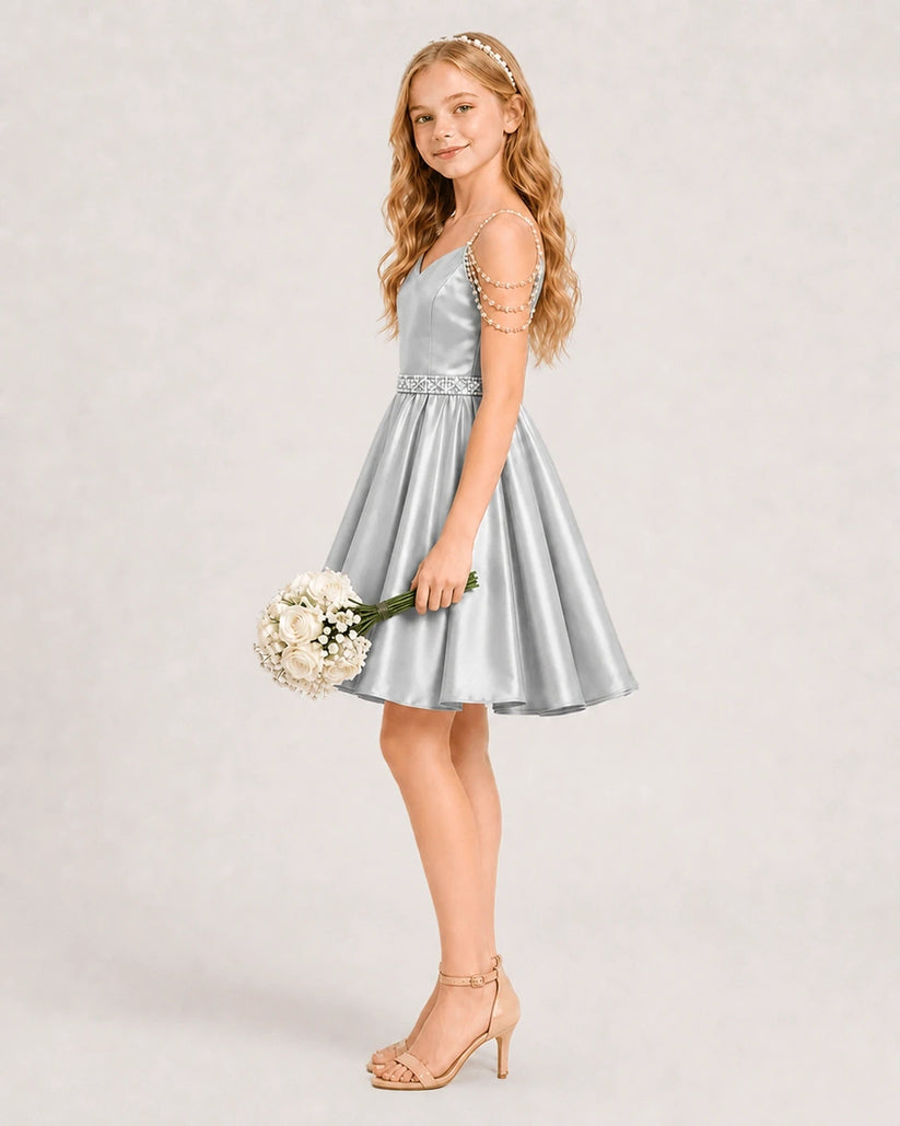 Silver Satin A-line Girls Formal Dress Side View