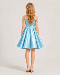 Dideyttawl Girls Formal Dress with Rhinestone Shoulder Drape and Beaded Waistband