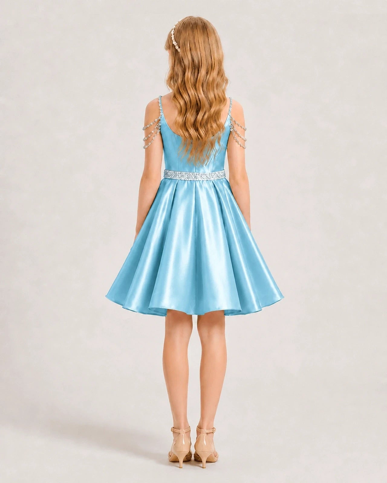 Dideyttawl Girls Formal Dress with Rhinestone Shoulder Drape and Beaded Waistband