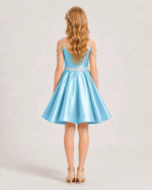 Sky Blue Satin A-line Girls Formal Dress Back View