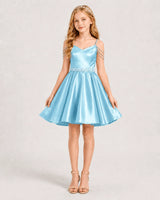 Sky Blue Satin A-line Girls Formal Dress Front View