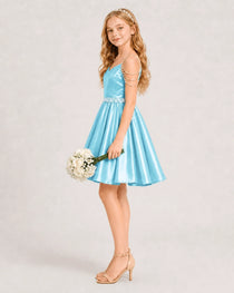 Dideyttawl Girls Formal Dress with Rhinestone Shoulder Drape and Beaded Waistband