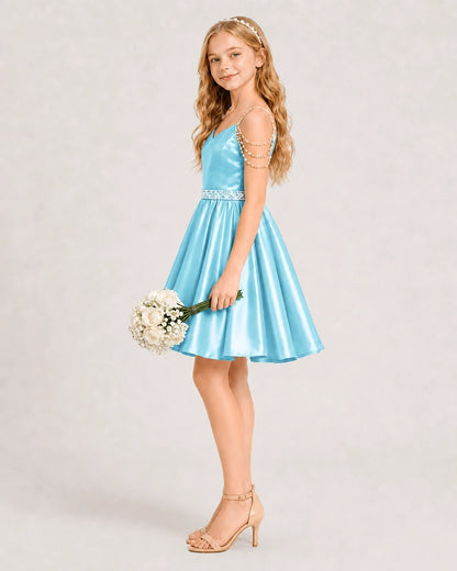 Sky Blue Satin A-line Girls Formal Dress Side View