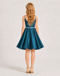 Dideyttawl Girls Formal Dress with Rhinestone Shoulder Drape and Beaded Waistband