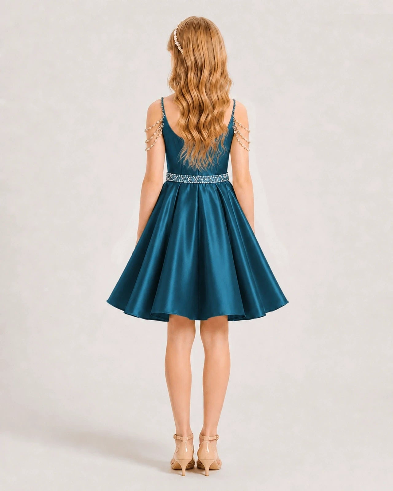 Dideyttawl Girls Formal Dress with Rhinestone Shoulder Drape and Beaded Waistband