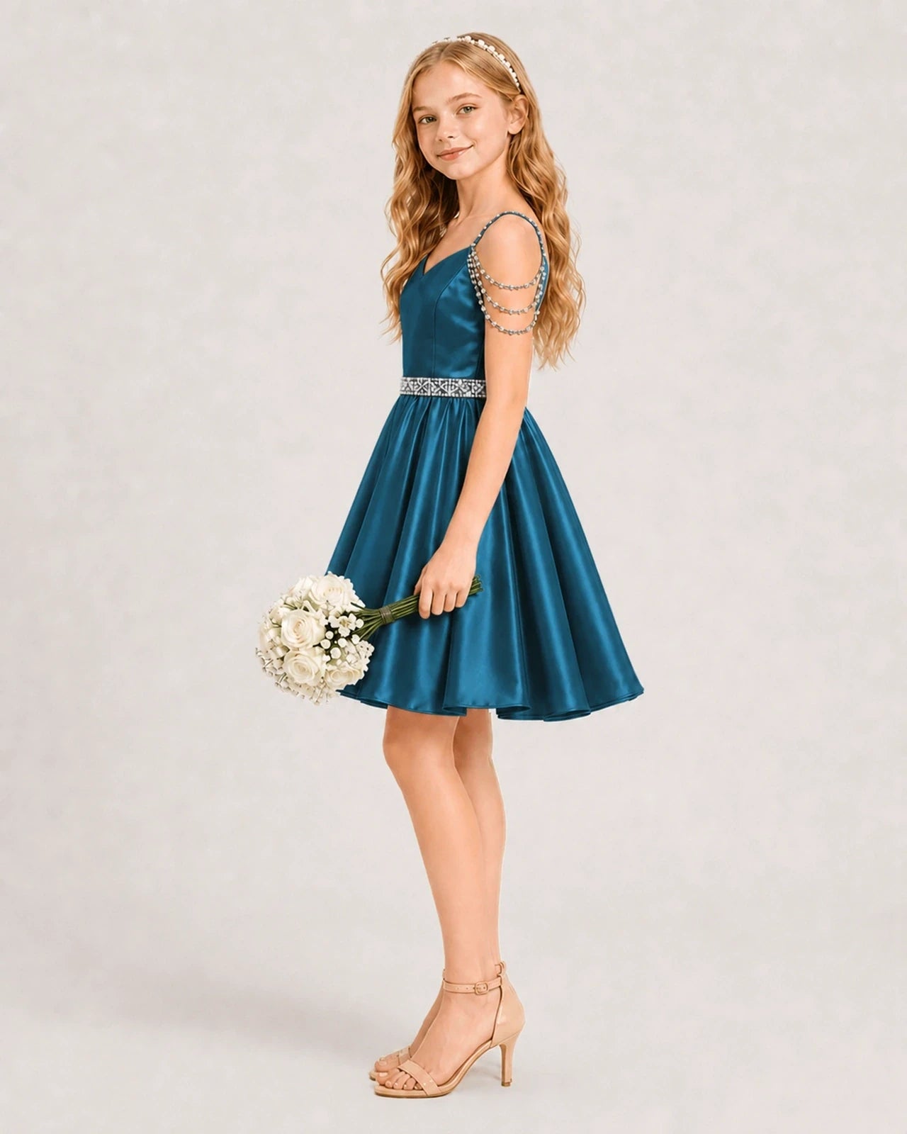 Teal Satin A-line Girls Formal Dress Side View