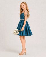 Teal Satin A-line Girls Formal Dress Side View
