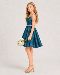 Dideyttawl Girls Formal Dress with Rhinestone Shoulder Drape and Beaded Waistband