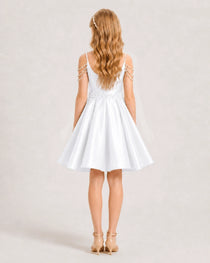 Dideyttawl Girls Formal Dress with Rhinestone Shoulder Drape and Beaded Waistband
