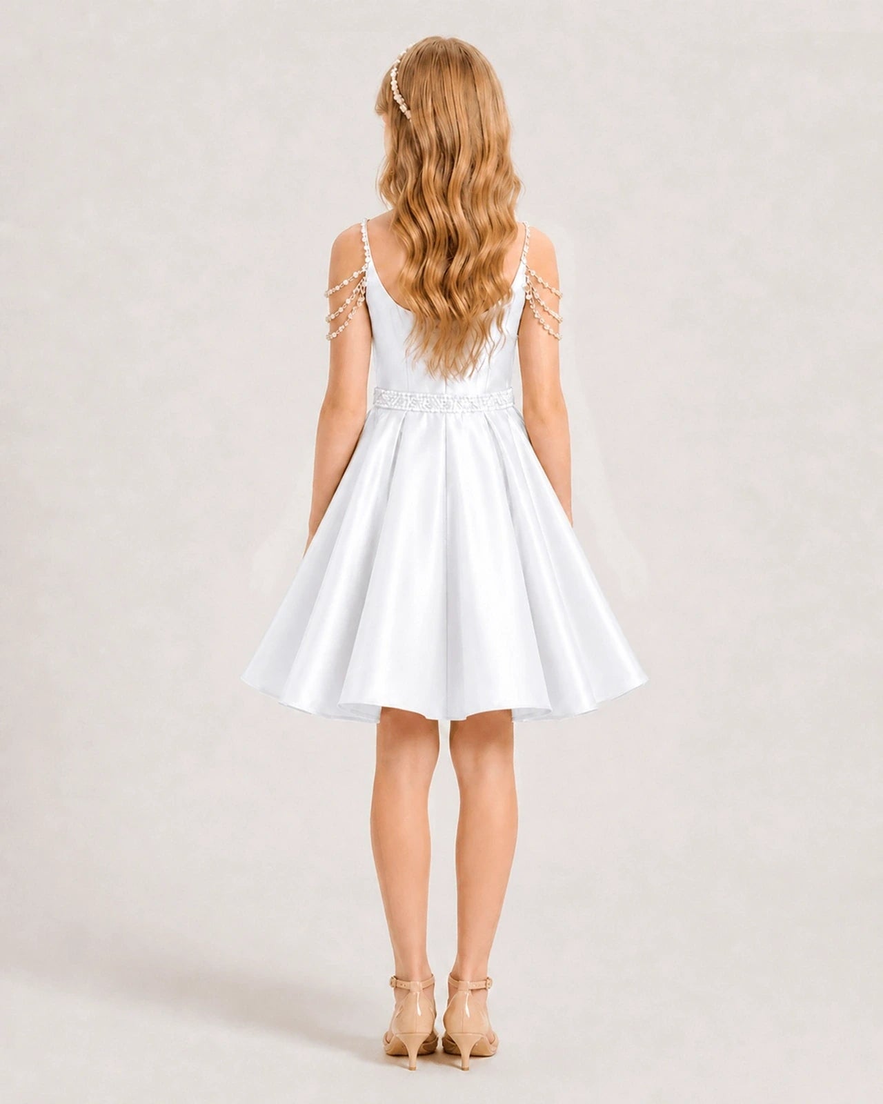 Dideyttawl Girls Formal Dress with Rhinestone Shoulder Drape and Beaded Waistband
