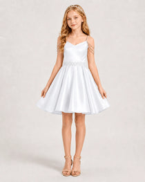 Dideyttawl Girls Formal Dress with Rhinestone Shoulder Drape and Beaded Waistband
