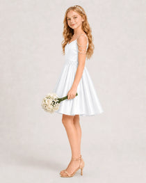 Dideyttawl Girls Formal Dress with Rhinestone Shoulder Drape and Beaded Waistband