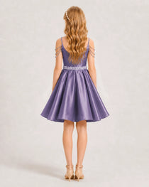 Dideyttawl Girls Formal Dress with Rhinestone Shoulder Drape and Beaded Waistband