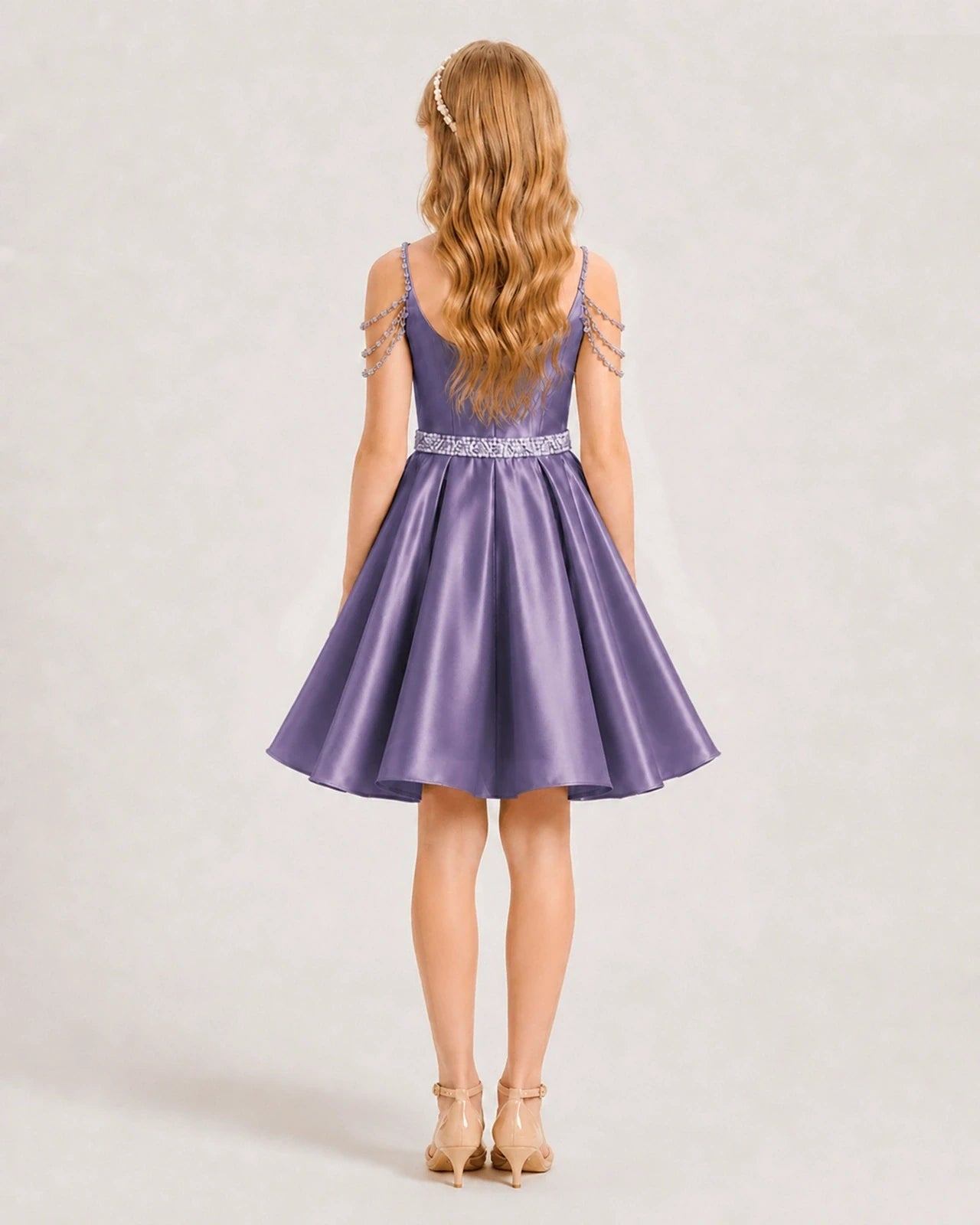 Dideyttawl Girls Formal Dress with Rhinestone Shoulder Drape and Beaded Waistband