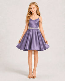Dideyttawl Girls Formal Dress with Rhinestone Shoulder Drape and Beaded Waistband