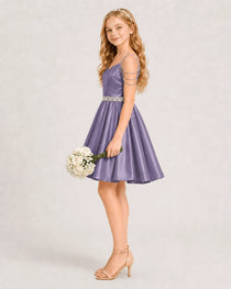 Dideyttawl Girls Formal Dress with Rhinestone Shoulder Drape and Beaded Waistband