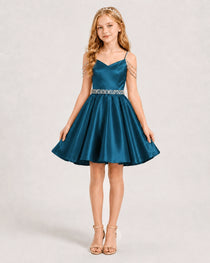 Dideyttawl Sky Blue Girls Formal Dress Beaded Strap Satin Short Pageant Gown