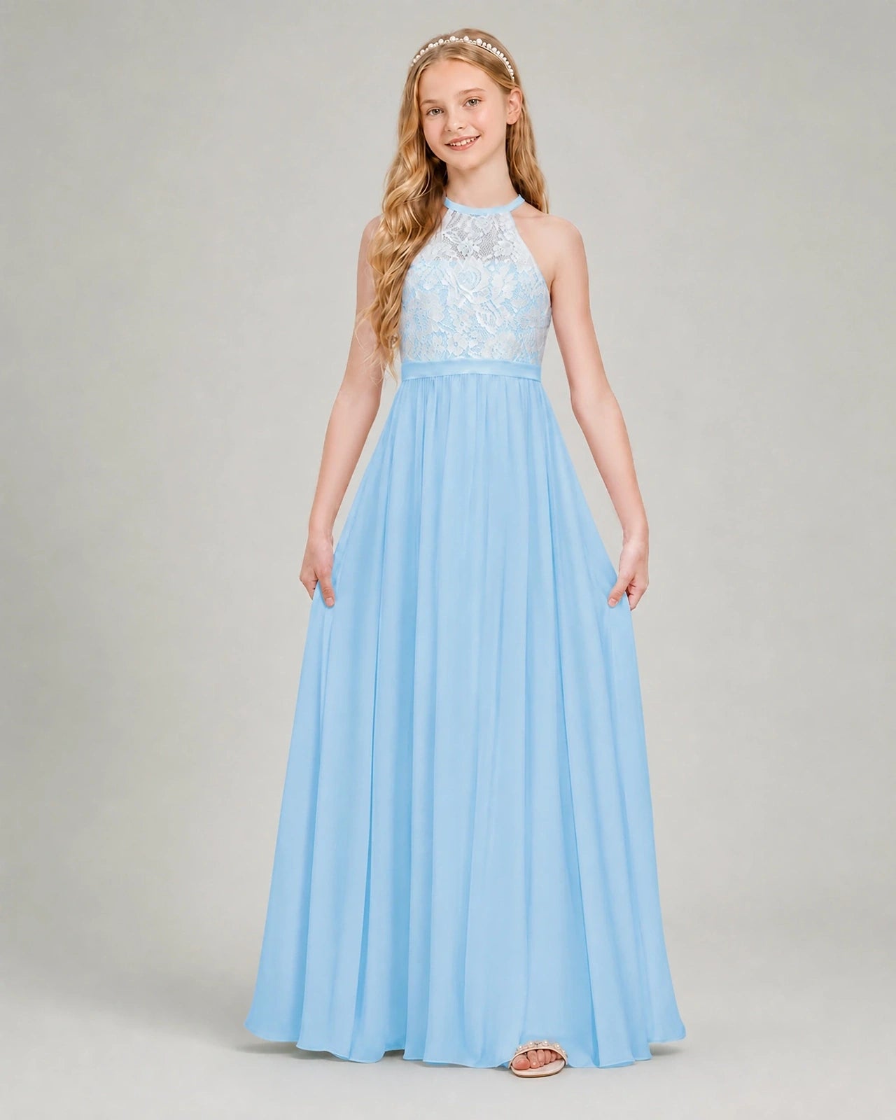 Dideyttawl Lace and Chiffon Junior Bridesmaid Dress with Halter Neck