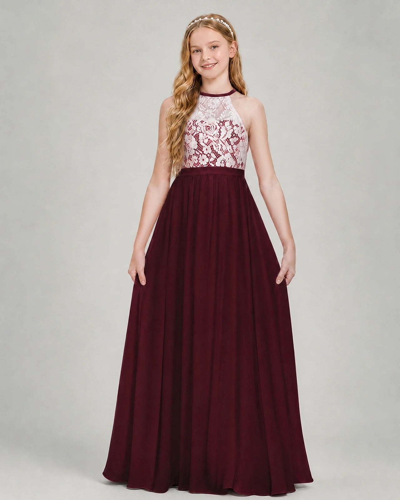 Dideyttawl Lace and Chiffon Junior Bridesmaid Dress with Halter Neck