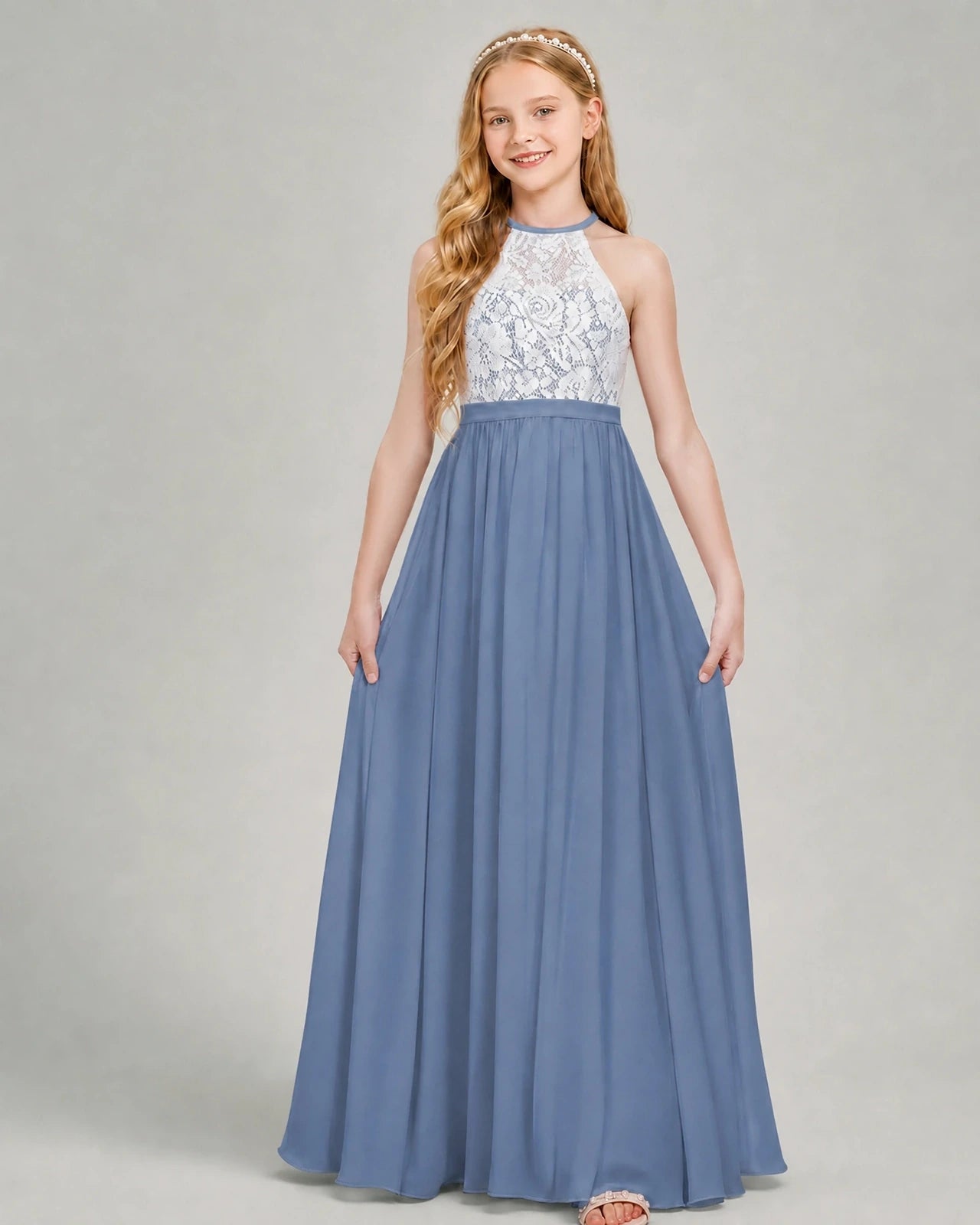Dusty Blue Chiffon A-line Junior Bridesmaid Dress Front View