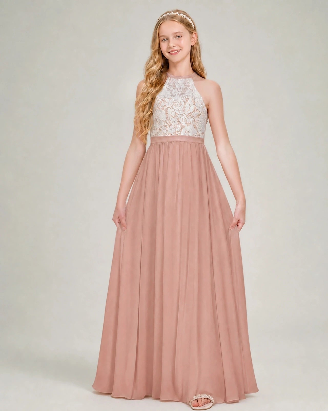 Dideyttawl Lace and Chiffon Junior Bridesmaid Dress with Halter Neck