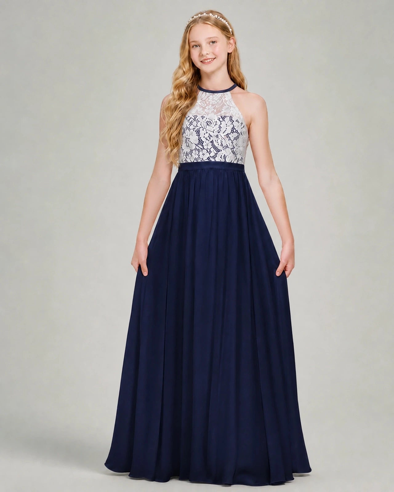 Dideyttawl Lace and Chiffon Junior Bridesmaid Dress with Halter Neck