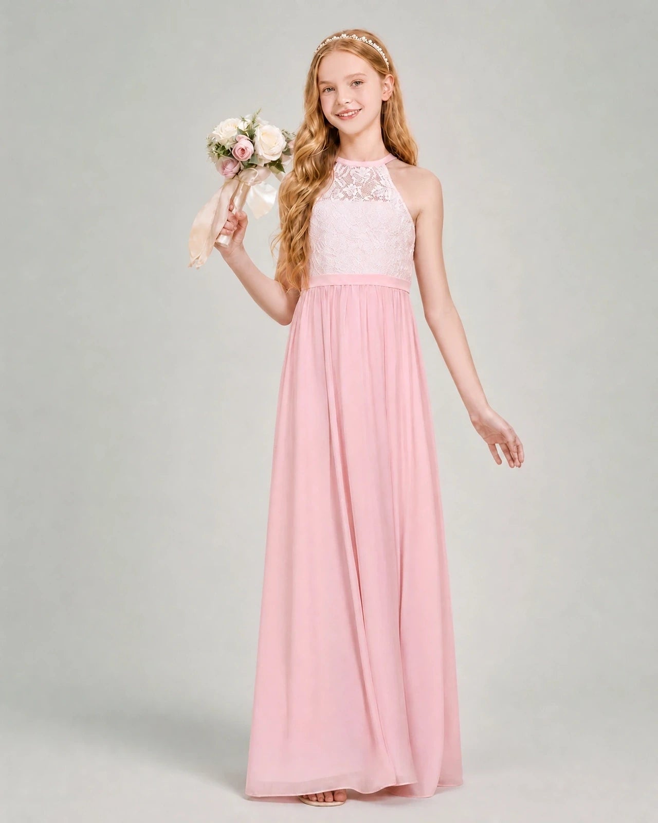 Dideyttawl Lace and Chiffon Junior Bridesmaid Dress with Halter Neck