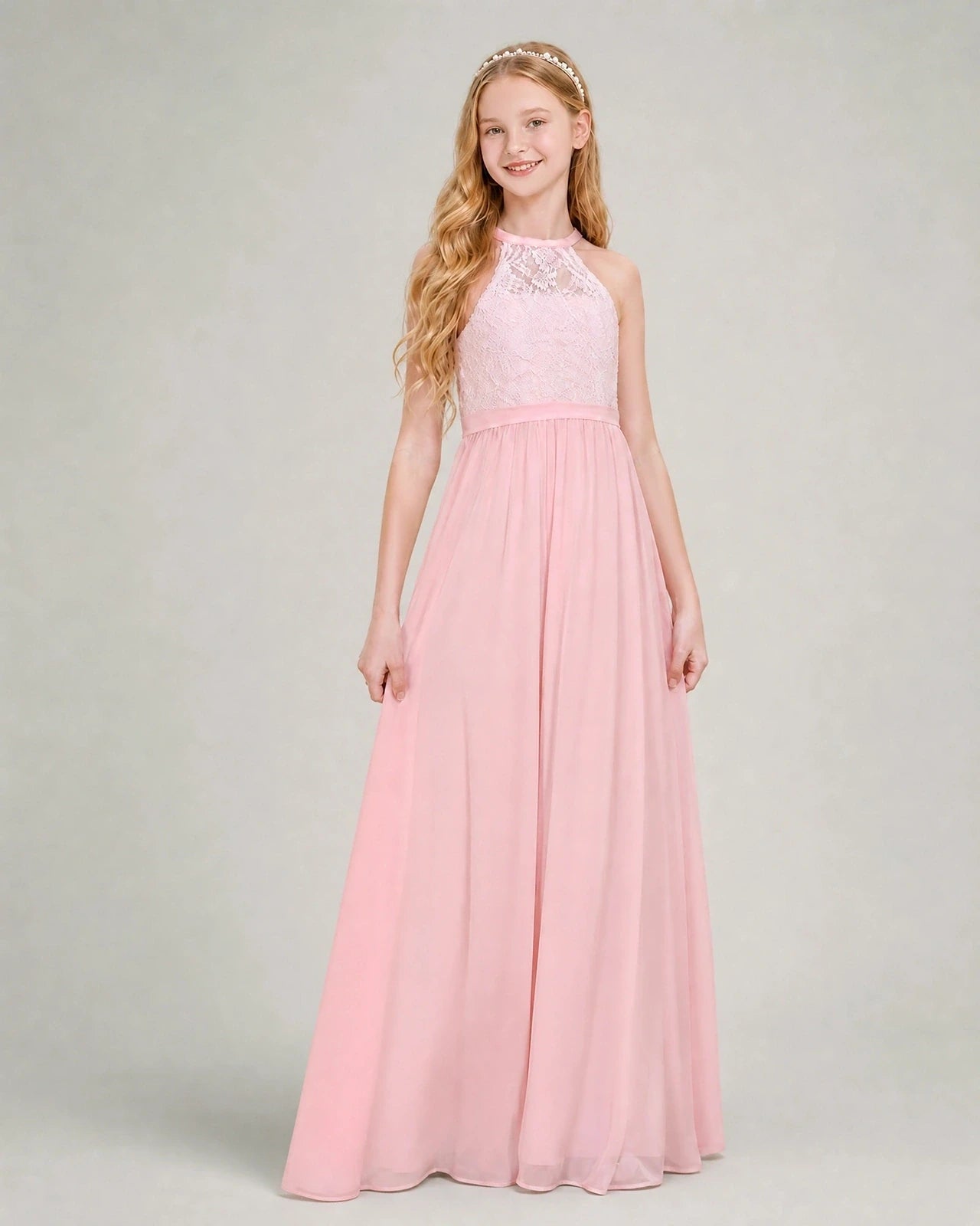 Dideyttawl Lace and Chiffon Junior Bridesmaid Dress with Halter Neck