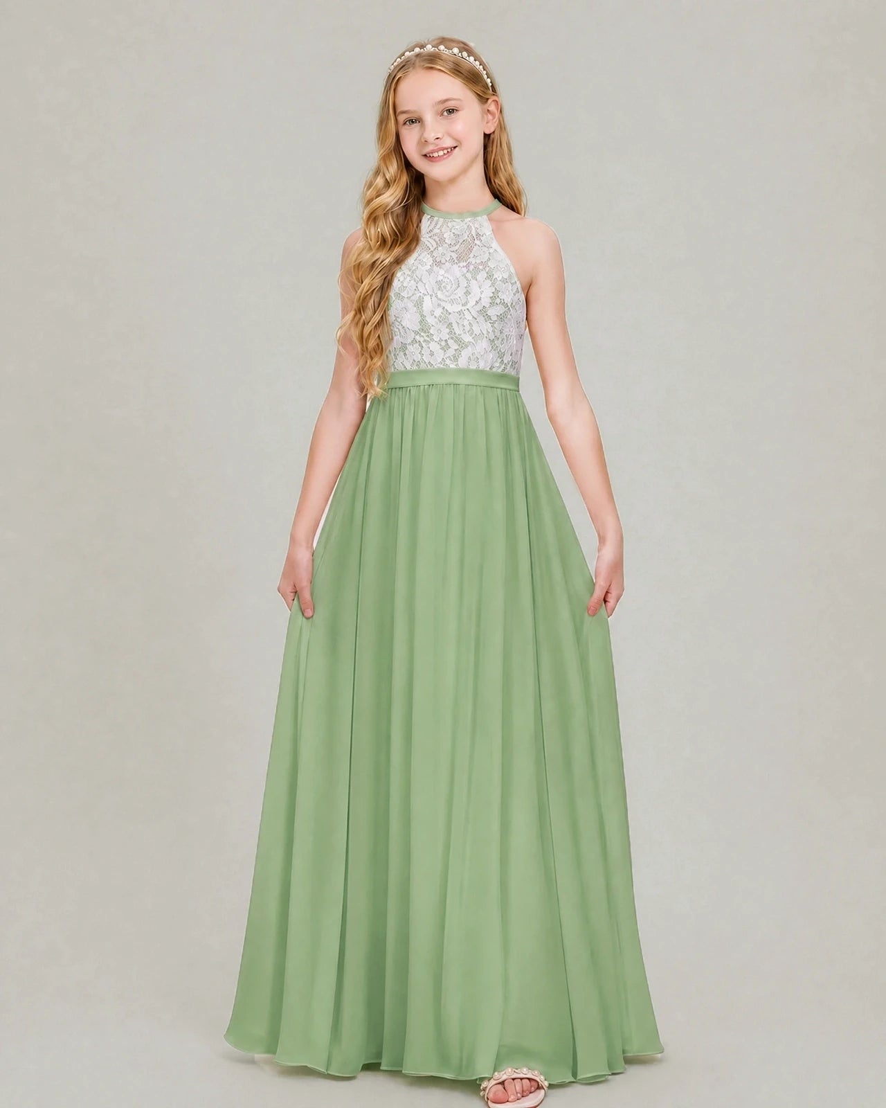 Dideyttawl Lace and Chiffon Junior Bridesmaid Dress with Halter Neck