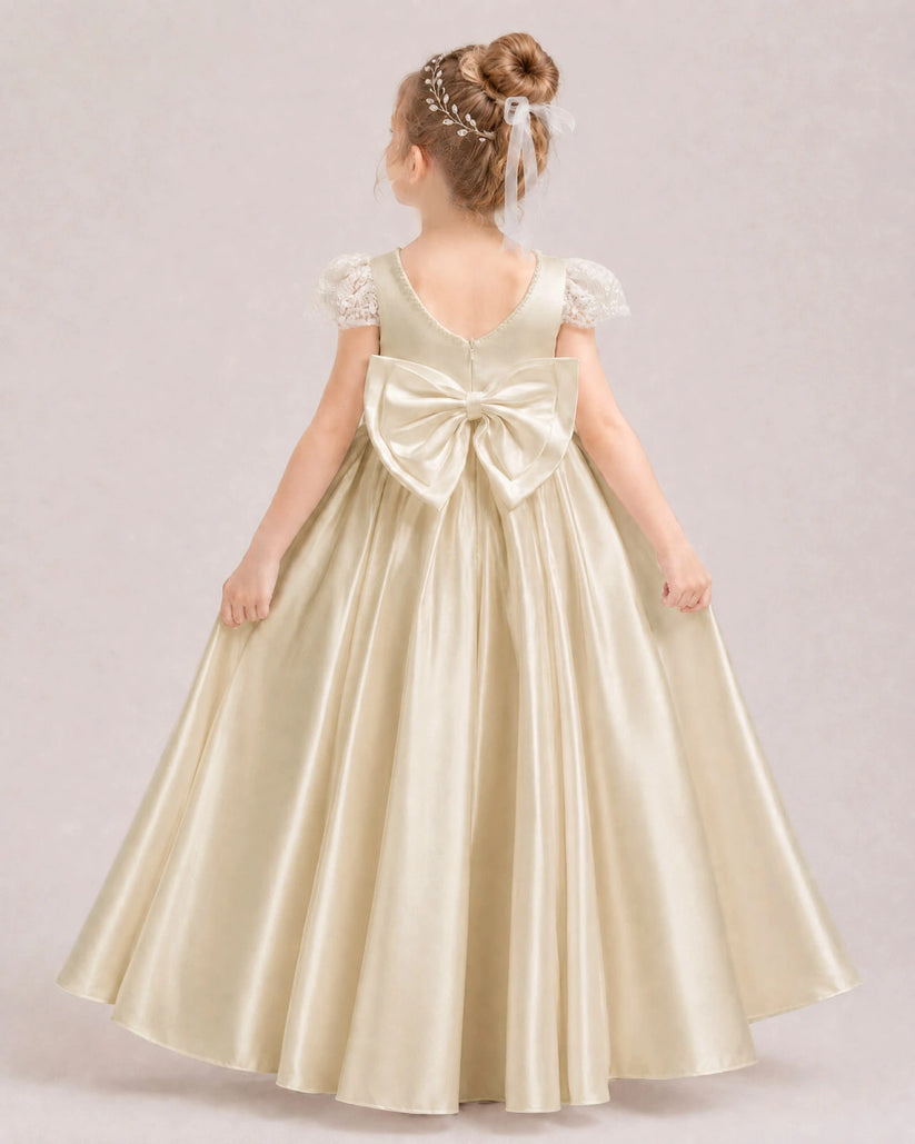 Champagne Satin A-line Flower Girl Dress Back View