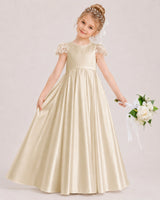 Champagne Satin A-line Flower Girl Dress Front View