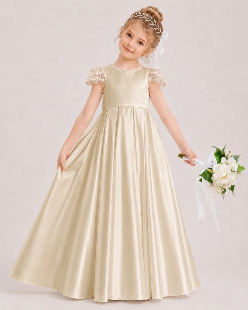Champagne Satin A-line Flower Girl Dress Front View