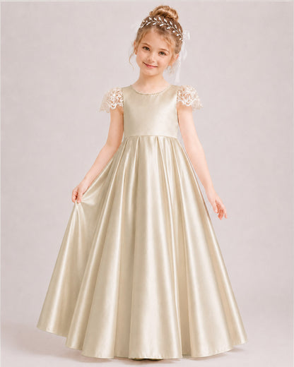 Champagne Satin Flower Girl Dress with Bow