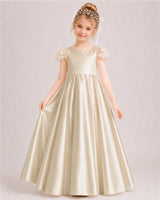 Champagne Satin A-line Flower Girl Dress Front View