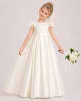 Ivory Satin A-line Flower Girl Dress Front View