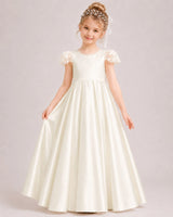Ivory Satin A-line Flower Girl Dress Front View