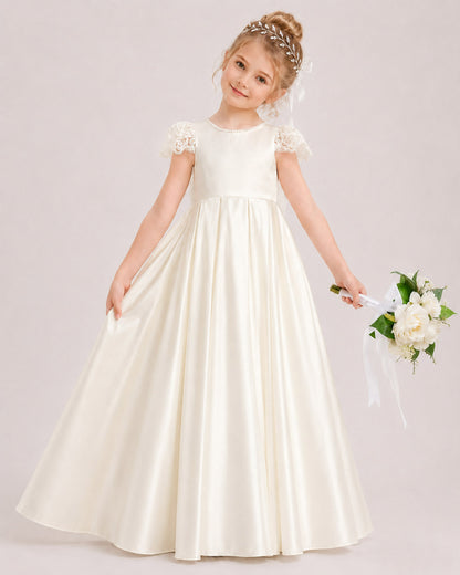 Ivory Satin Flower Girl Dress with Bow