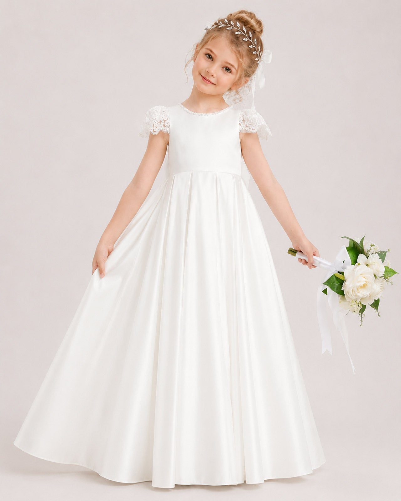 White Satin Flower Girl Dress with Bow