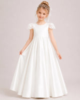 White Satin A-line Flower Girl Dress Front View