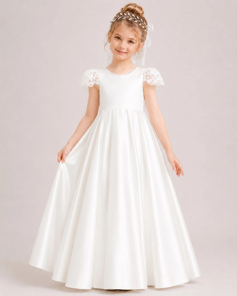 White Satin A-line Flower Girl Dress Front View