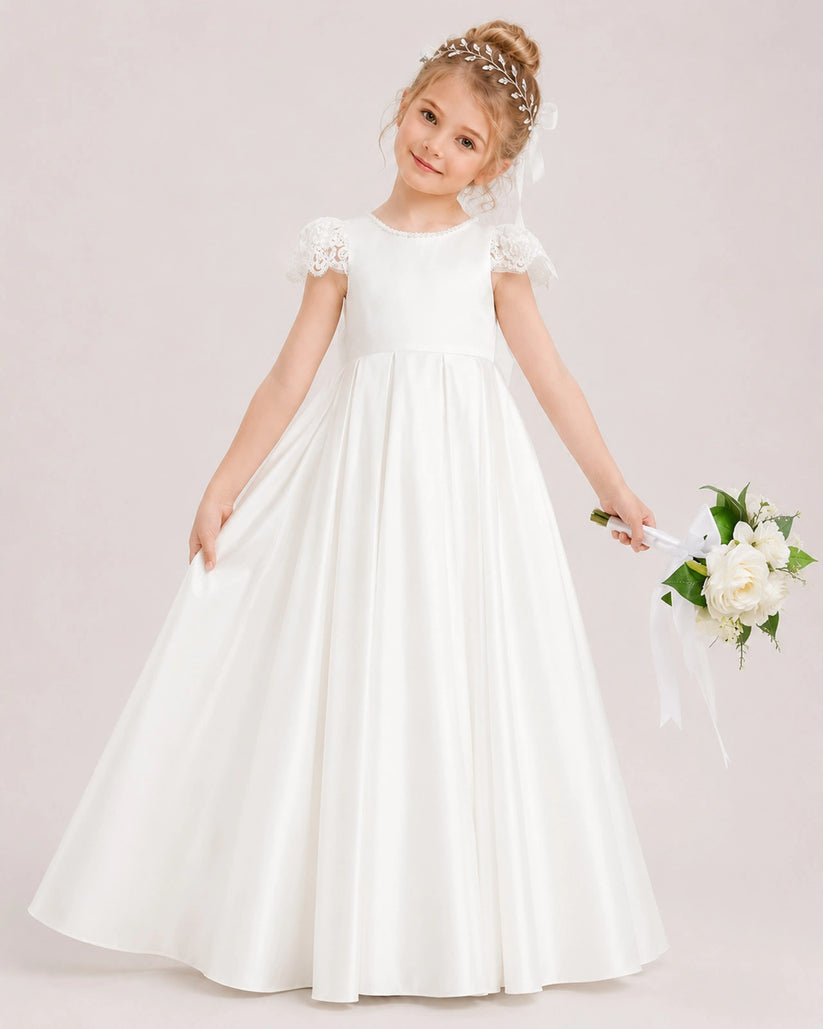 White Satin A-line Flower Girl Dress Front View