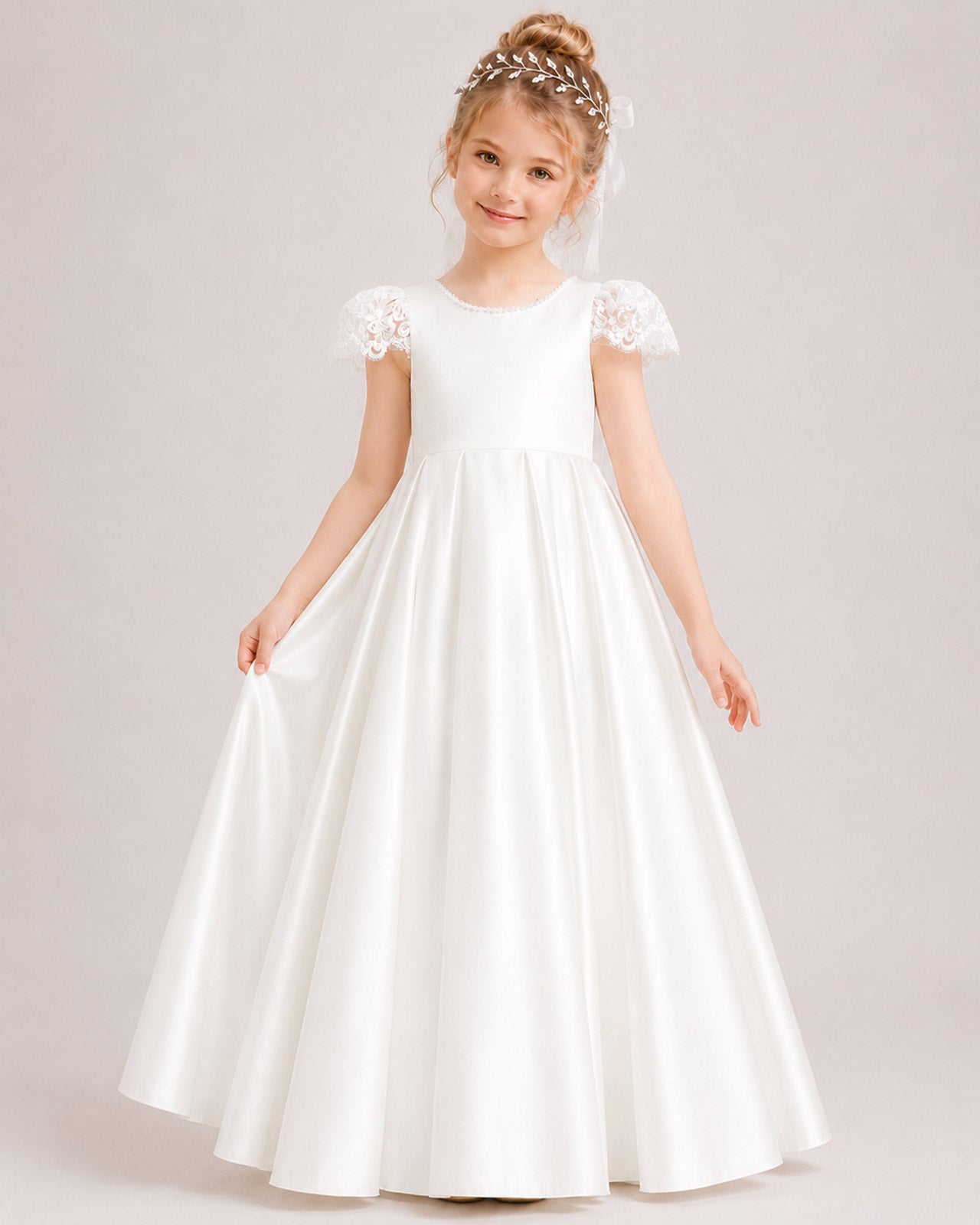 White Satin Flower Girl Dress with Bow