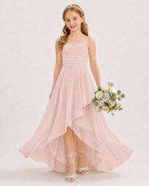 Dideyttawl Chiffon Junior Bridesmaid Dress with High-Low Ruffle Layers